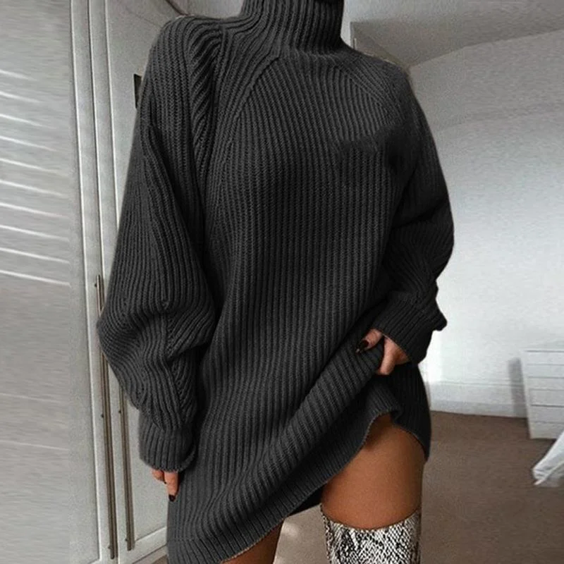 

Women Winter Fall Long Sleeve Turtleneck Oversized Knitted Dress Autumn Lady Fashion Solid Casual Korean Elegant Sweater Dress