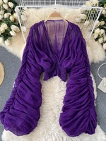 Summer Sexy Draped Chiffon Blouse For Women Elegant V-Neck Puff Long Sleeve Short Tops Female Slim Party Shirts 2022 New Fashion 1
