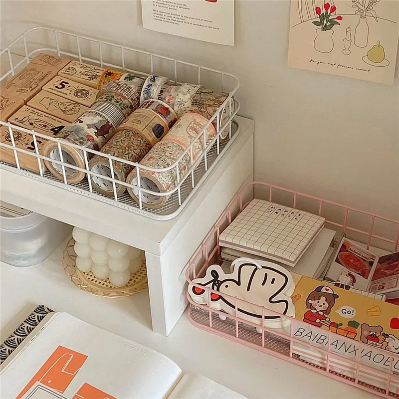 MINKYS INS Nordic Iron Desktop Storage Basket Office Cosmetics Storage Box Dormitory Rack Desk Organizer