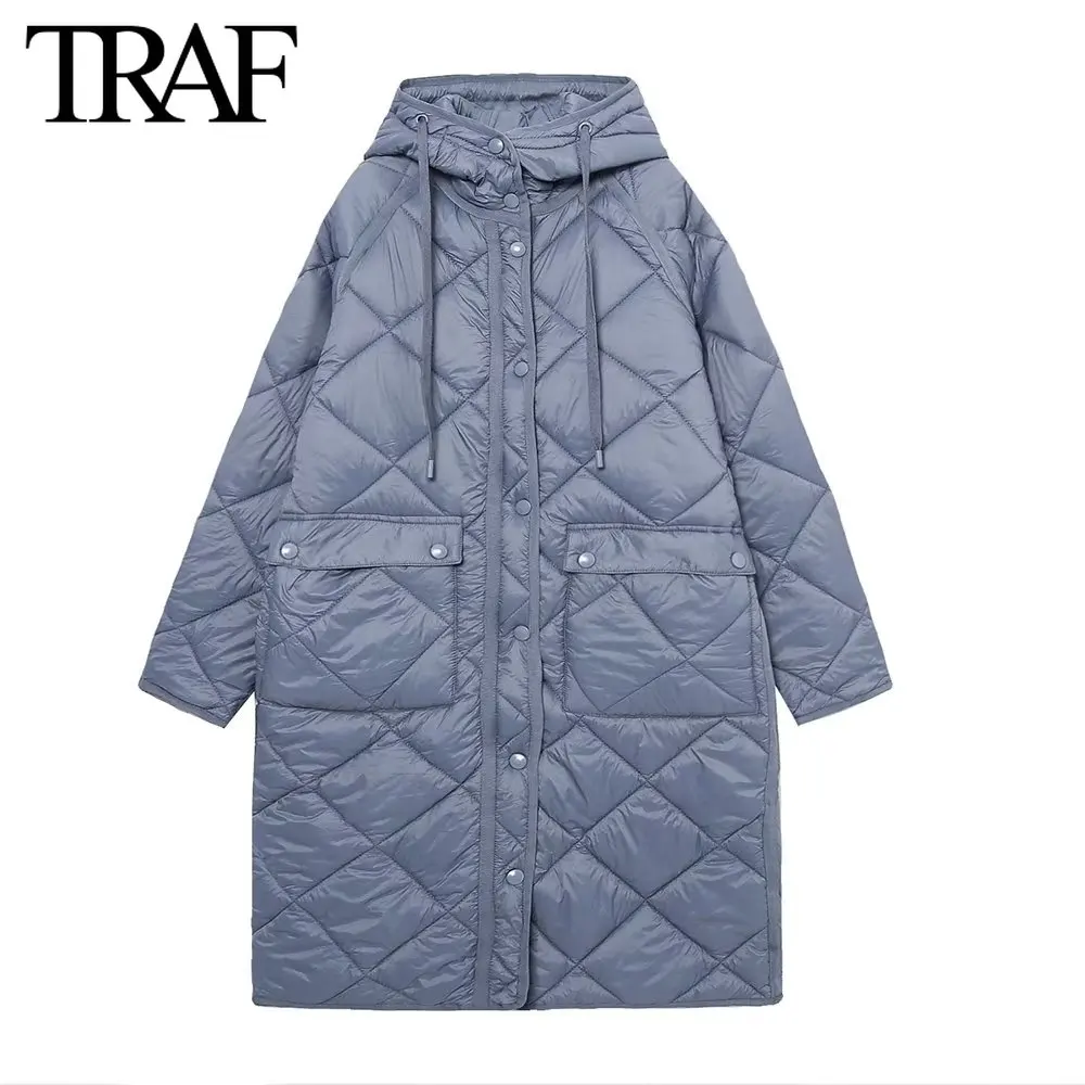 Traf Za Women Fashion Long Sleeve Zip Pocket Hooded Wadded Jacket Fall