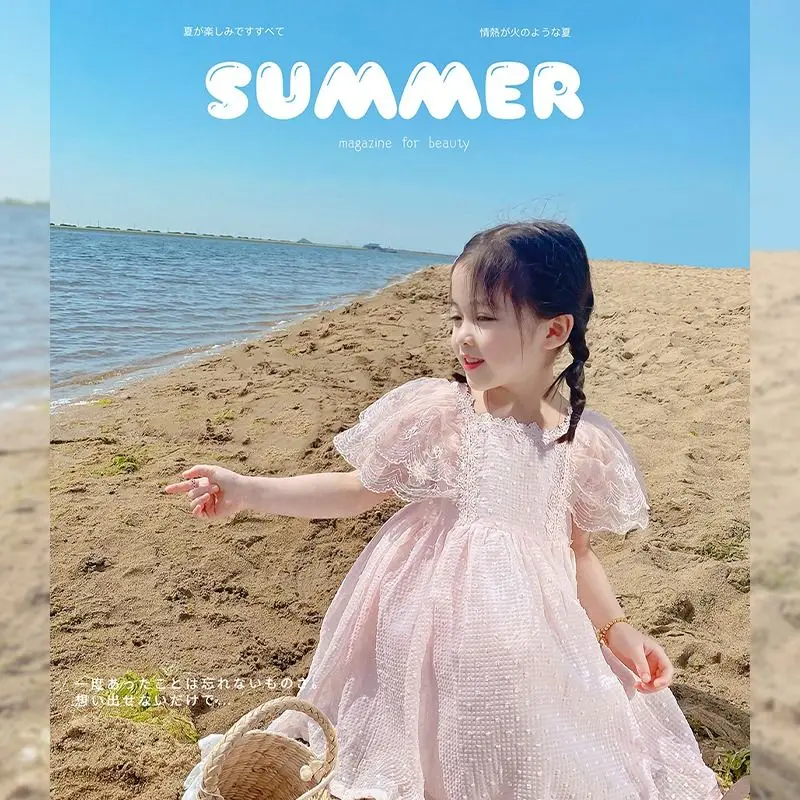 

Korean Style Baby Girls Summer Dress Sweet Lace Flying Sleeves Kids Girl Princess Birthday Lace Mesh Dresses Children Clothing