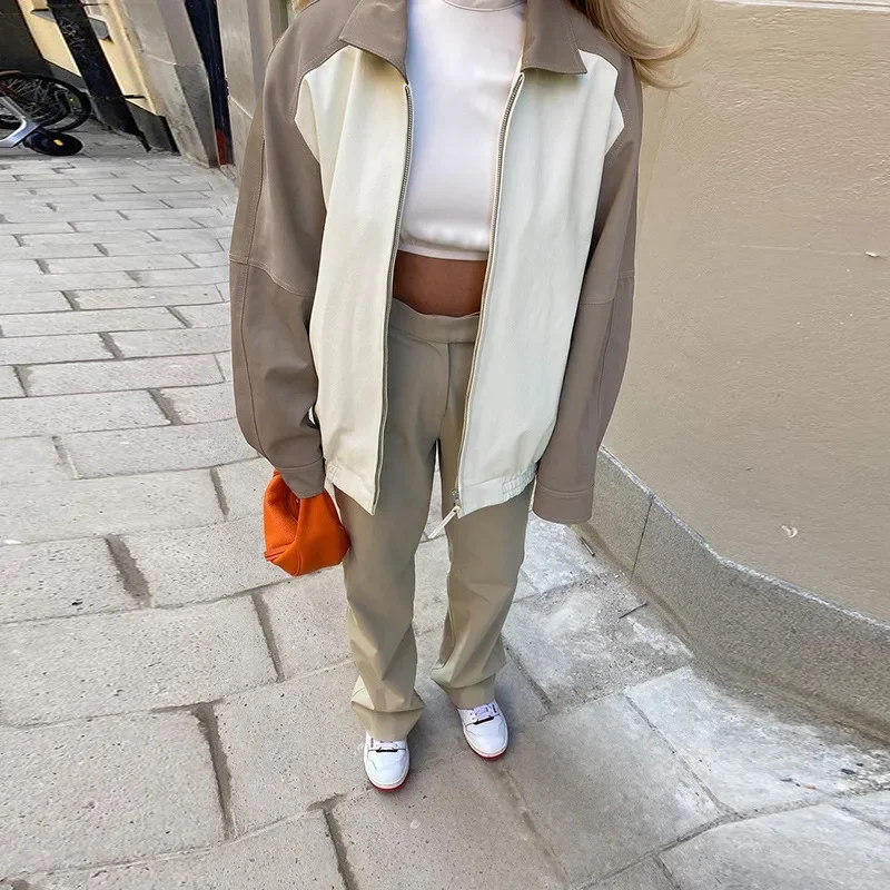 

Ladies Long-sleeved Zipper PU Coat Solid Color Lapel Slim Fit Loose Coat Leather Women Street Autumn Ladies Faux Leather Jacket