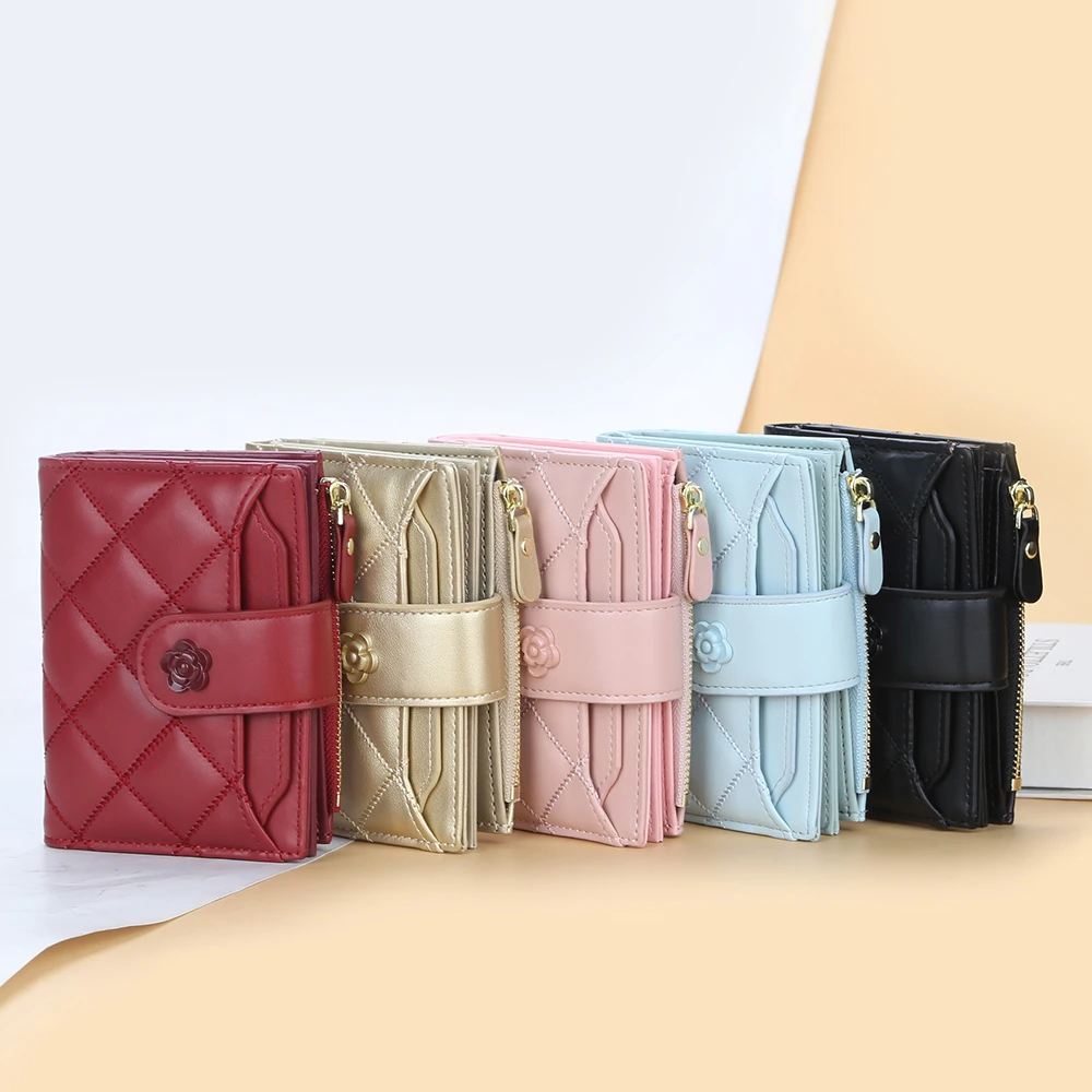 Fashion Leather Wallets for Women Plaid Short Zipper Coin Purse Gold Flower Womens Wallet Pink Card Holder Small Wallet for Girl 3