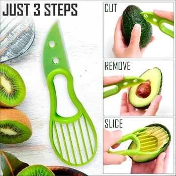 3 In 1 Avocado Slicer Shea Corer Butter ผลไม้ Peeler เครื่องตัด Pulp Separator มีดพลาสติกครัวผักเครื่องมือครัว Gadgets 1
