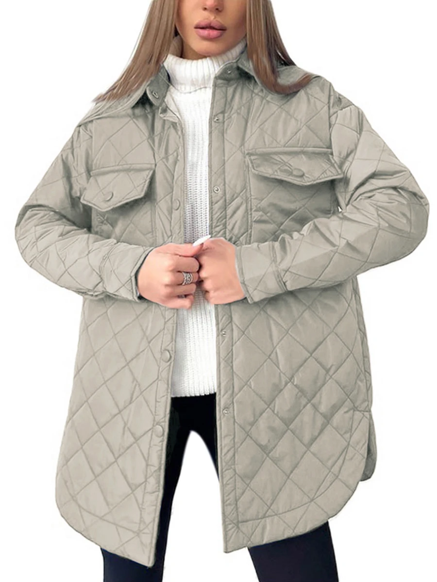 

Louatui Women Quilted Jacket with Belt Lightweight Casual Warm Single Breasted Long Sleeve Outwears Overcoat