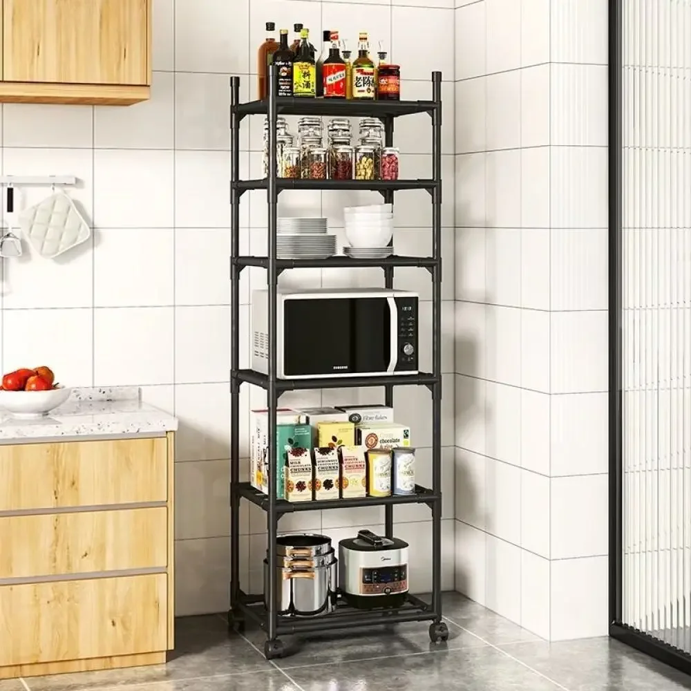 6 Layer Floor Standing Kitchen Storage Shelf With Pulley Kitchen Household Shelf Multi-functional Bathroom Microwave Rack