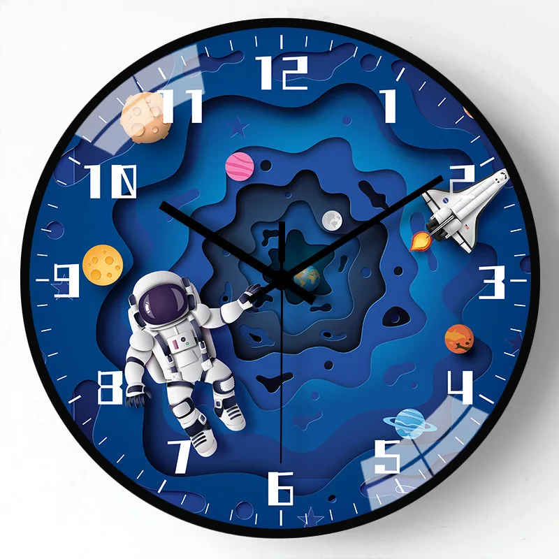 

14 Inch Large Round Wall Clock Space Exploration Astronaut Spaceship Clocks For Children Living Room Bedroom Home Decor