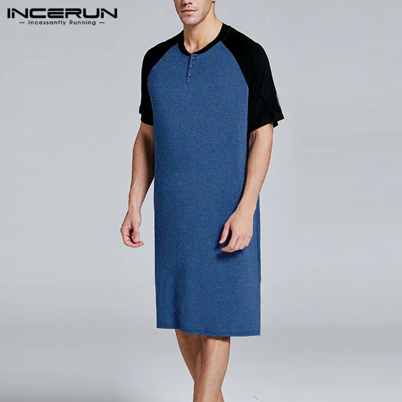 

Модные Повседневные Новые мужские топы для сна INCERUN с коротким рукавом и круглым вырезом Лоскутная Ночная рубашка свободная удобная мужская пижама для сна