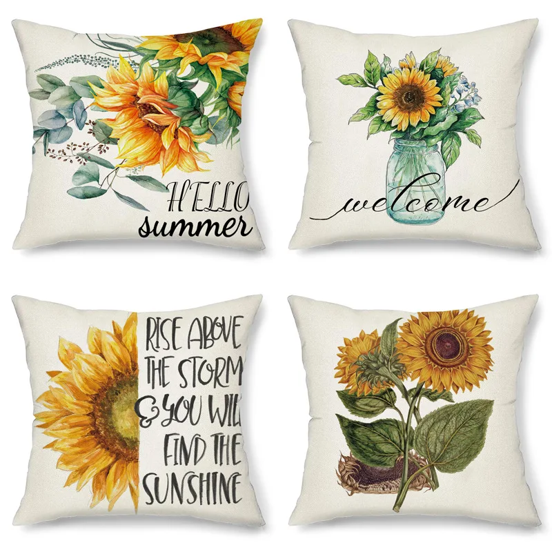 

Summer Sunflower Pillow Case Watercolor Flower Cotton Linen Pillowcases Decorative Cushions for Elegant Sofa Pillow Cover 40x40