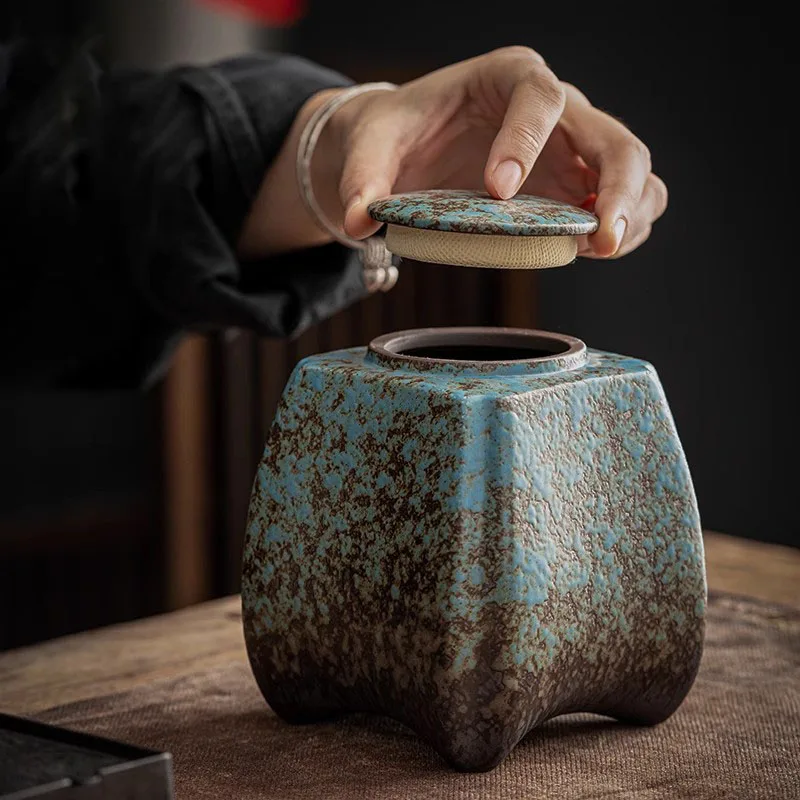 Kiln Turns Blue Ceramic Tea Caddy Sealed JarTea Box Decorative Storage Tank Tea Organizer Candy Jar Tea Container Storage Bottle
