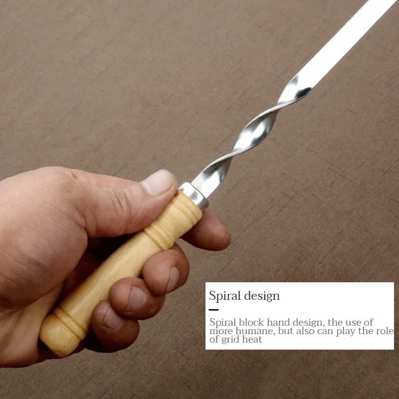 12Pcs Stainless Steel Barbecue Skewers Long Handle 55cm Wooden Barbecue Handle Large Flat Stick Outdoor Picnic Tools