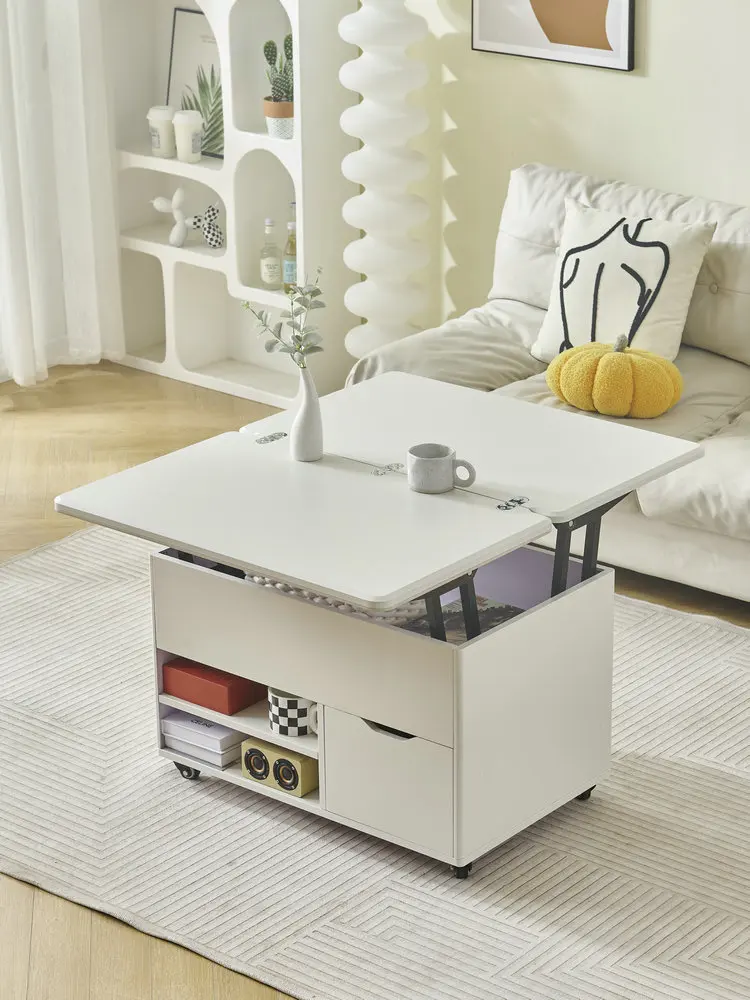 

Cream style double drawer lifting coffee table, mobile telescopic storage, coffee table, dining table dual-purpose