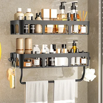 สไตล์สีดําไม่มีชั้นวางเจาะห้องน้ําห้องครัวจัดเก็บอลูมิเนียมแชมพูRackชั้นวางของห้องน้ําอุปกรณ์ตกแต่ง 1