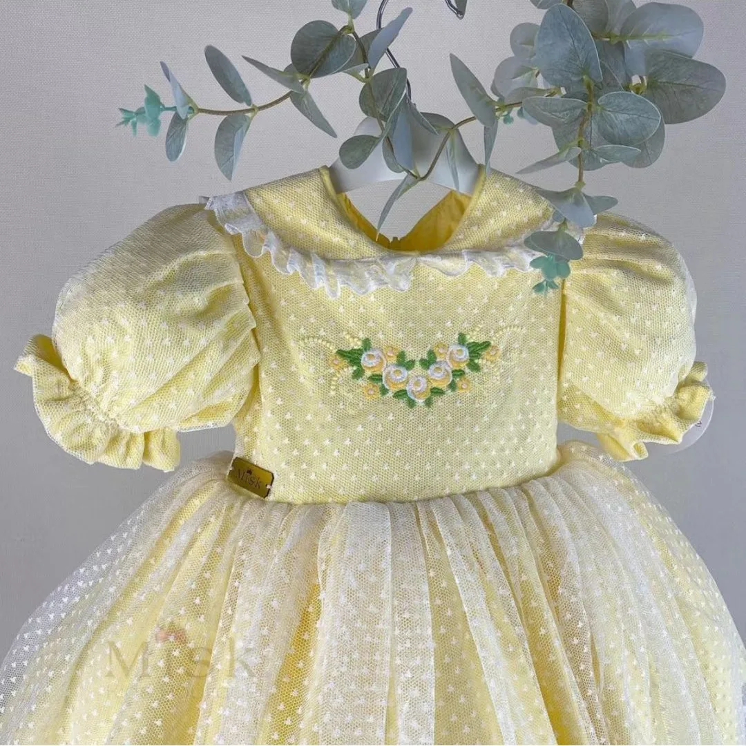 

0-12Y Baby Girl Summer Yellow Flower Embroidery Turkish Vintage Lolita Princess Ball Gown Dress for Birthday Holiday Easter Eid