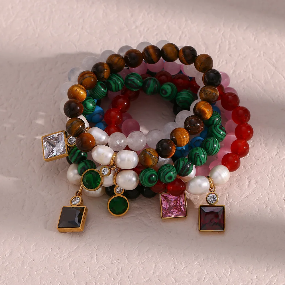 Black Natural Stone Beaded Zircon Pendant Bracelet For Women Vintage