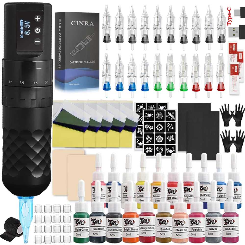 

Wireless Tattoo Machine Pen Kit Coreless Motor Tattoo Pen with Mixed Cartridge Needle Ink Makeup Set for Tattoo Artist Beginners