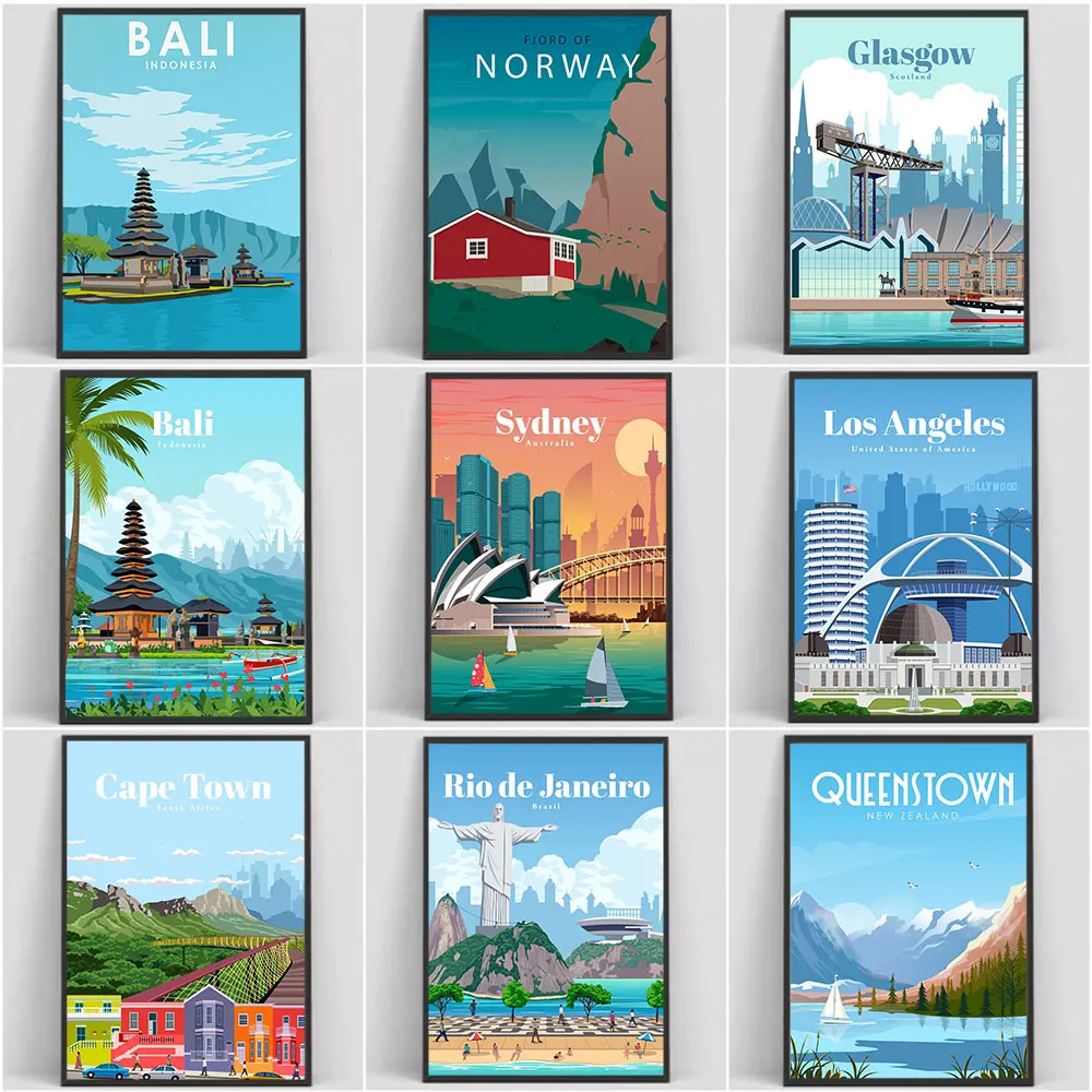 

Мультяшные голубые постеры с морским пейзажем и печатная Картина на холсте настенное искусство в скандинавском стиле изображение туристического города для гостиной домашний декор