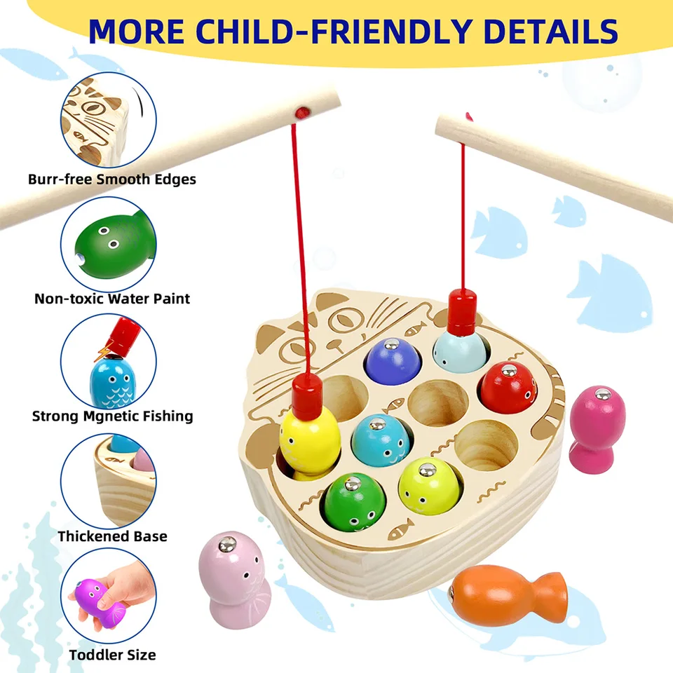 Children's Wooden Fishing Toys Magnetic Fishing Game Montessori  Intellectual Playsets Fine Motor Skills Training Boys Girls Gift -  AliExpress, image size:960x960