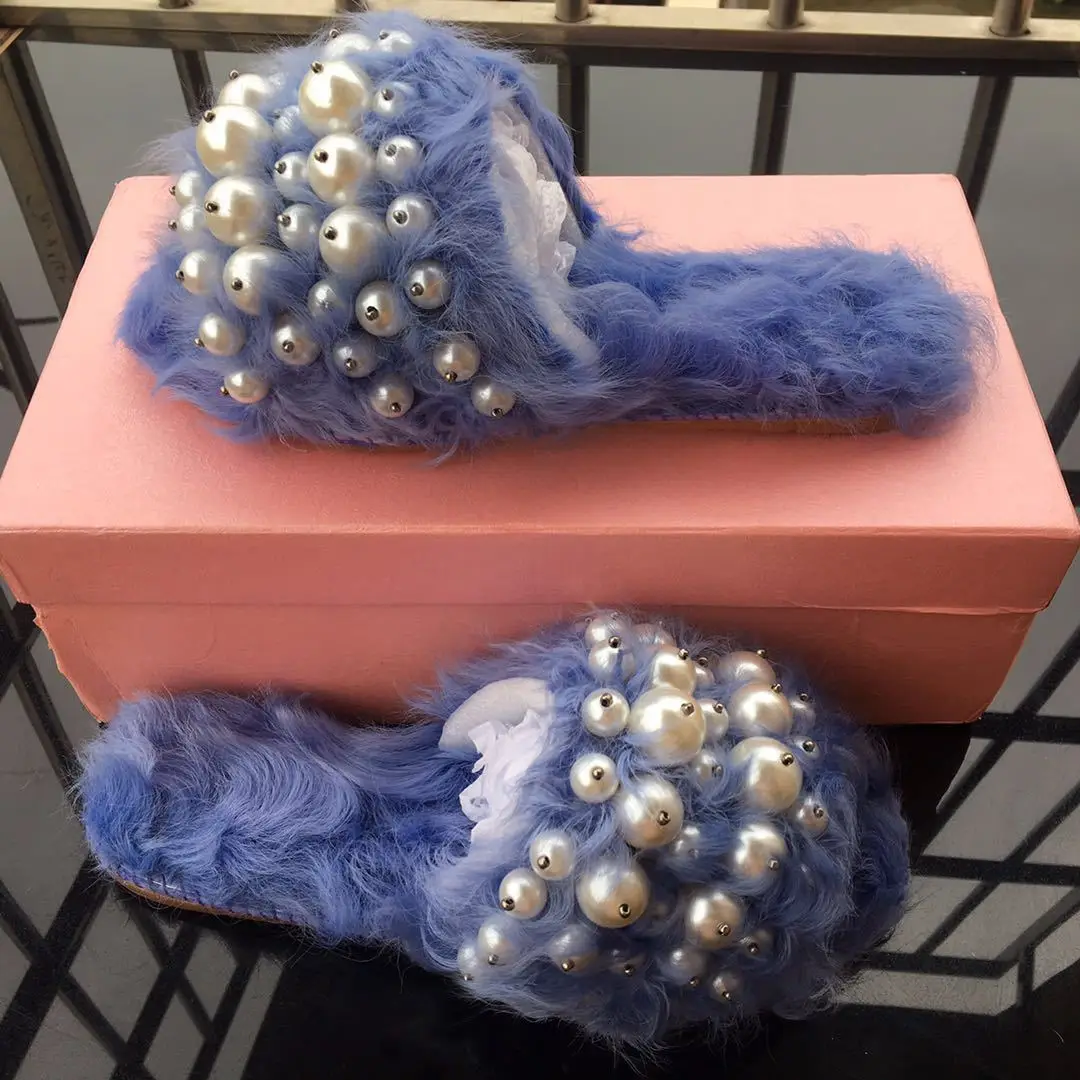 

UVRCOS Fashion Pearls Beaded Fur Slippers Sexy Open Toe Flat Shoes Women Outside Wearings Sides Black Pink