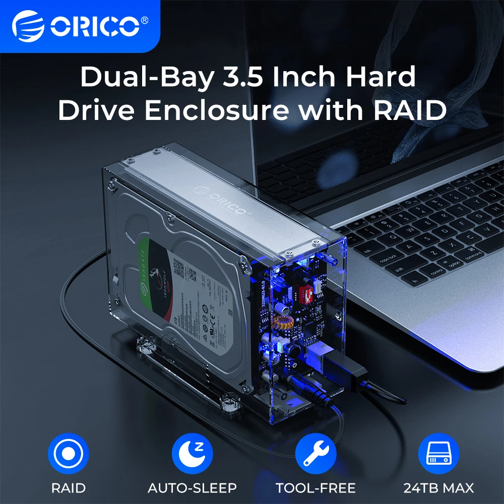 ORICO 2베이 3.5인치 하드 드라이브 인클로저 RAID 기능 탑재 SATA to USB 3.0 투명 HDD 도킹 스테이션 6Gbps UASP 24TB HDD 케이스