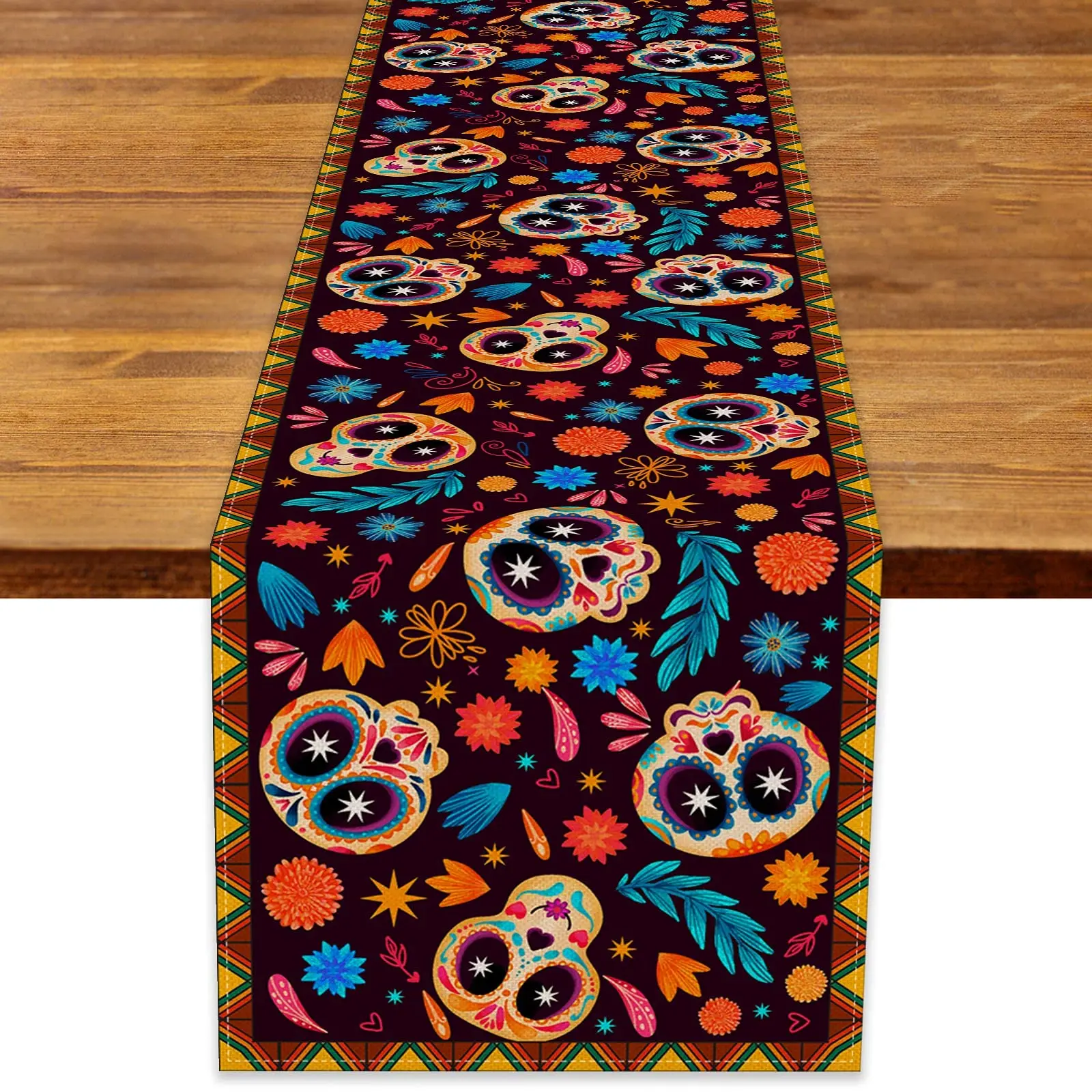 

Dia De Los Muertos Table Runner, Mexican Sugar Skull, Halloween Day of the Dead,Rustic Linen, Kitchen and Dining Room Decoration