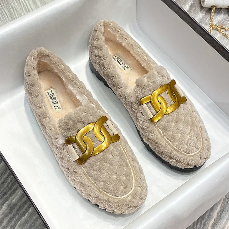 Women Winter Shoes Brand Metal Chain Lambswool Mocasines Fleeces Sneakers Warm Wool Loafers Big Size Fur Flats 2025