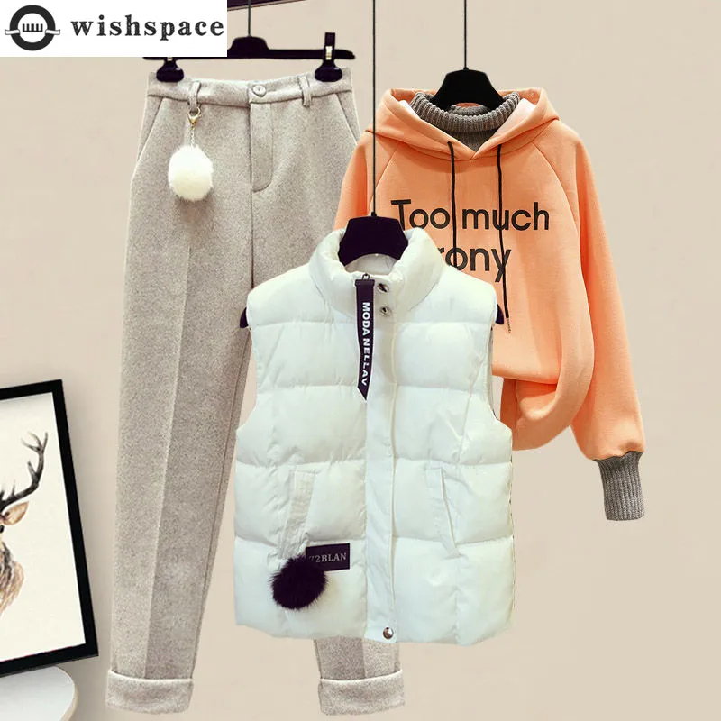 

2022 Winter New Korean Thickening Sports Hoodie Casual Cotton Tank Top Flocked Trousers Three Piece Elegant Women's Pants Set