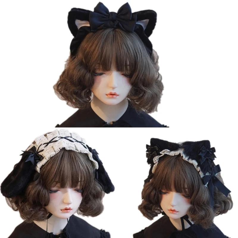 

Карнавальные плиссированные кружевные обручи для волос для взрослых в форме кролика/кошачьих ушей, повязка на голову черного