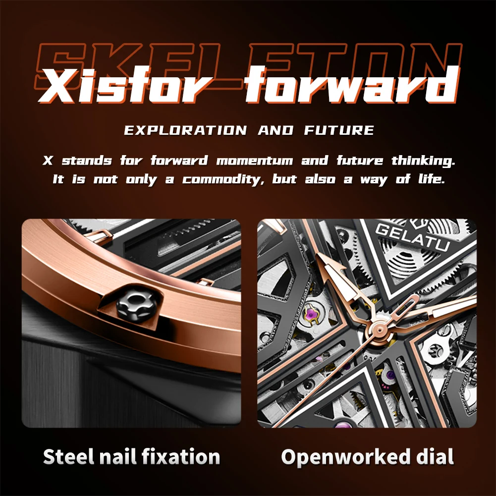 GELATU 6006 Automatic Watch For Men Original Deep Waterproof Man Mechanical Wristwatch Hollow Skeleton Sapphire Mirror Men Watch