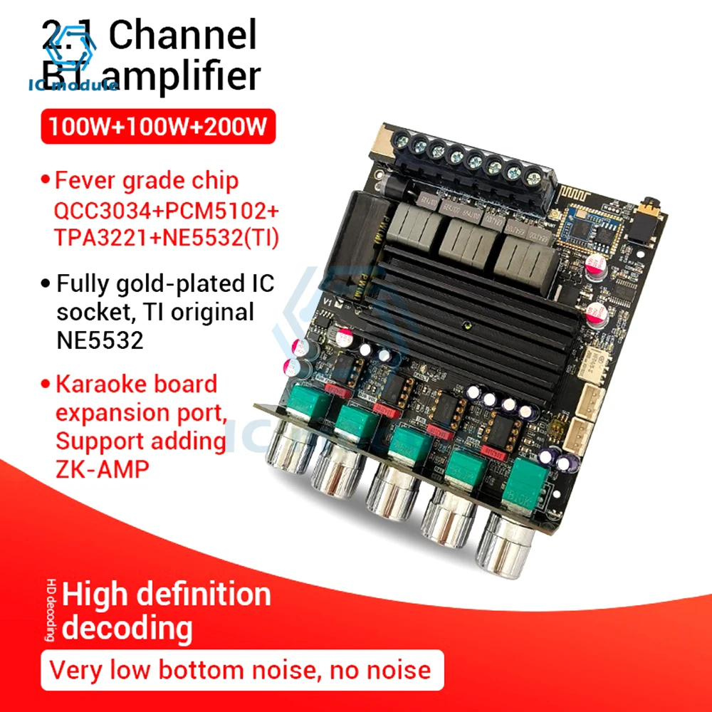 

ZK-APTX1 BT Digital Amplifier Board 2.1 Channel 100Wx2+200W Power Audio Stereo Bass AMP QCC3034 TPA3221