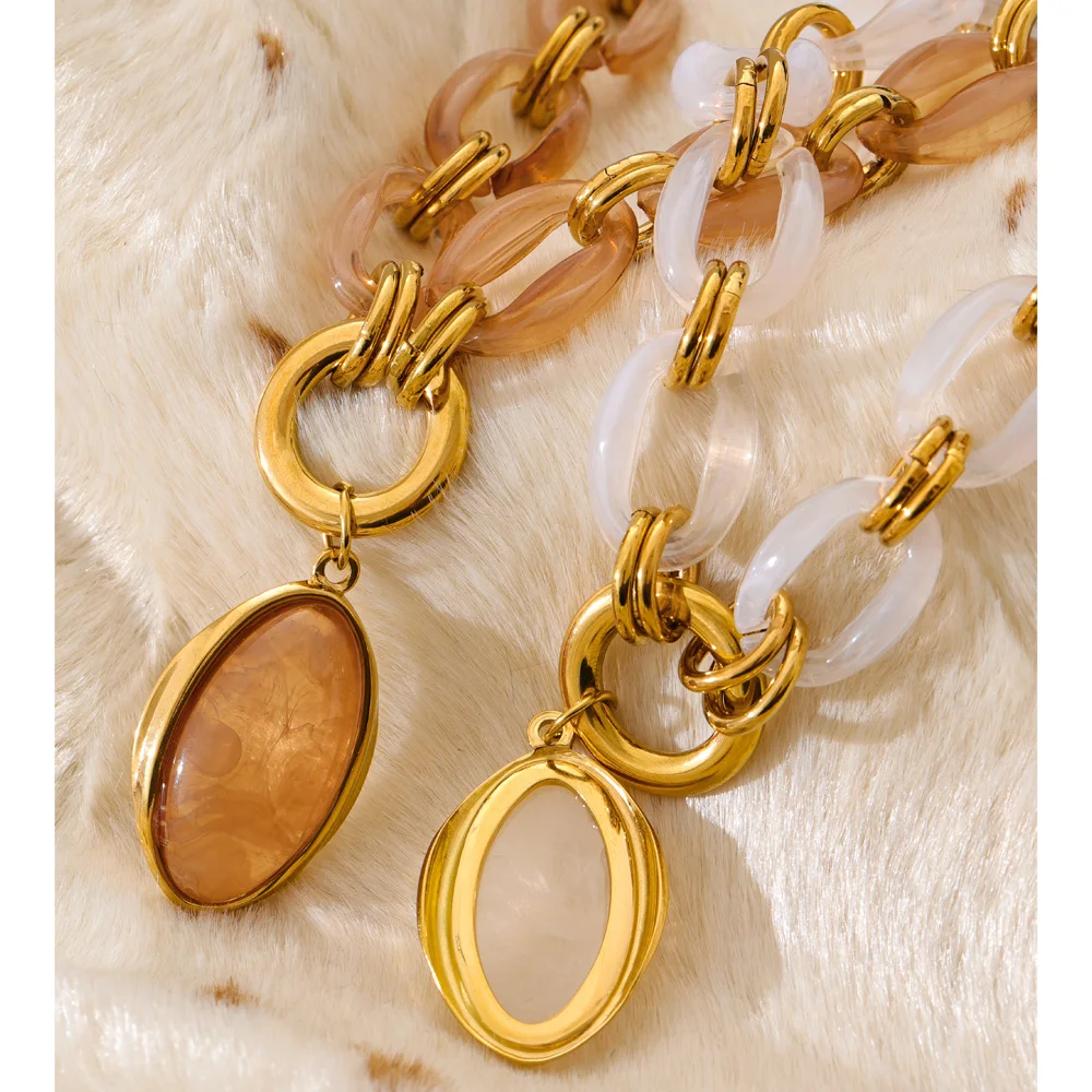 Yhpup Handmade Chain Oval Pendant Necklace 18K Golden PVD Plated