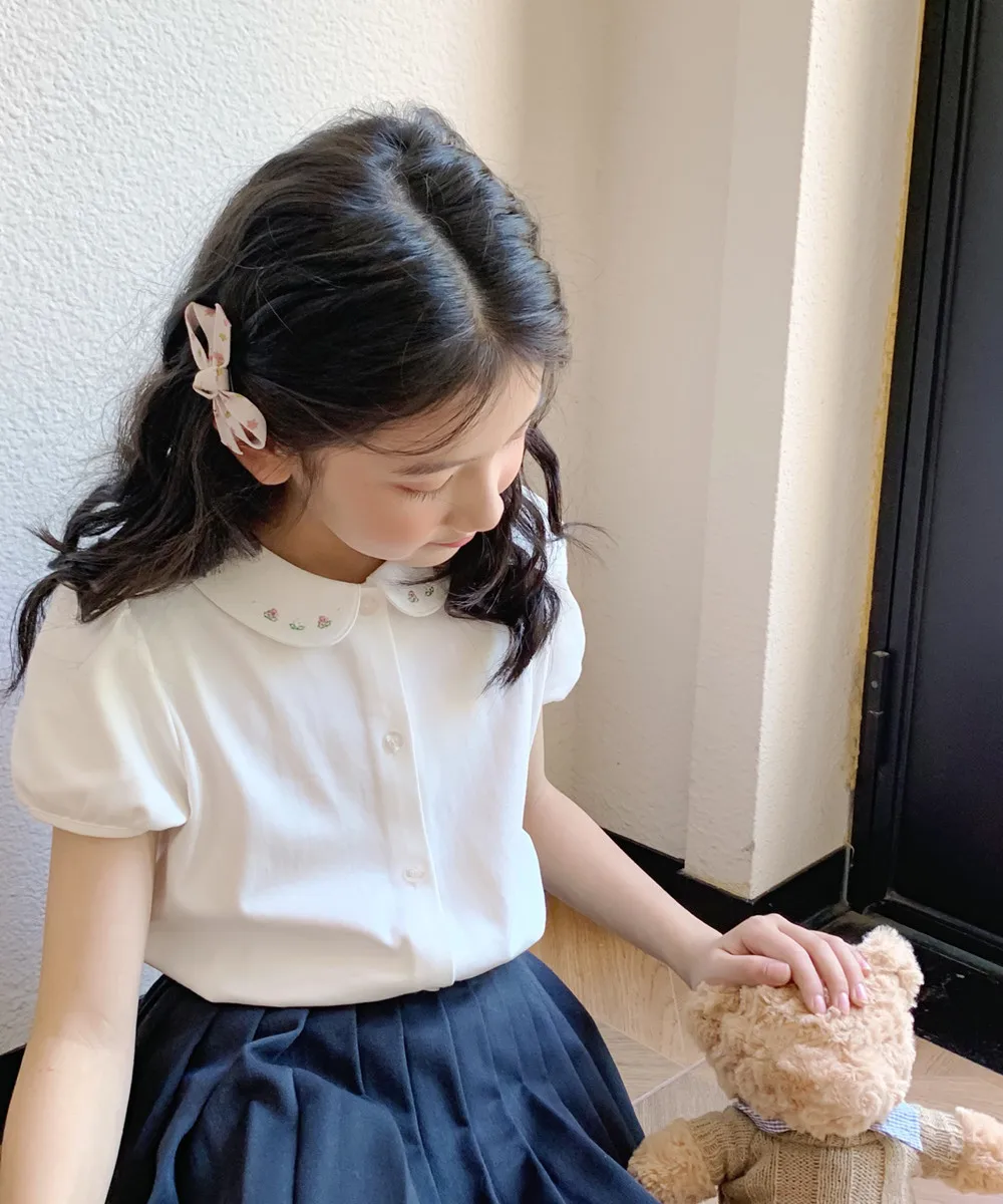 소녀 옷 어린이 옷 여름 소녀 셔츠 사랑스러운 꽃 자수 피터팬 칼라 흰색 셔츠 탑