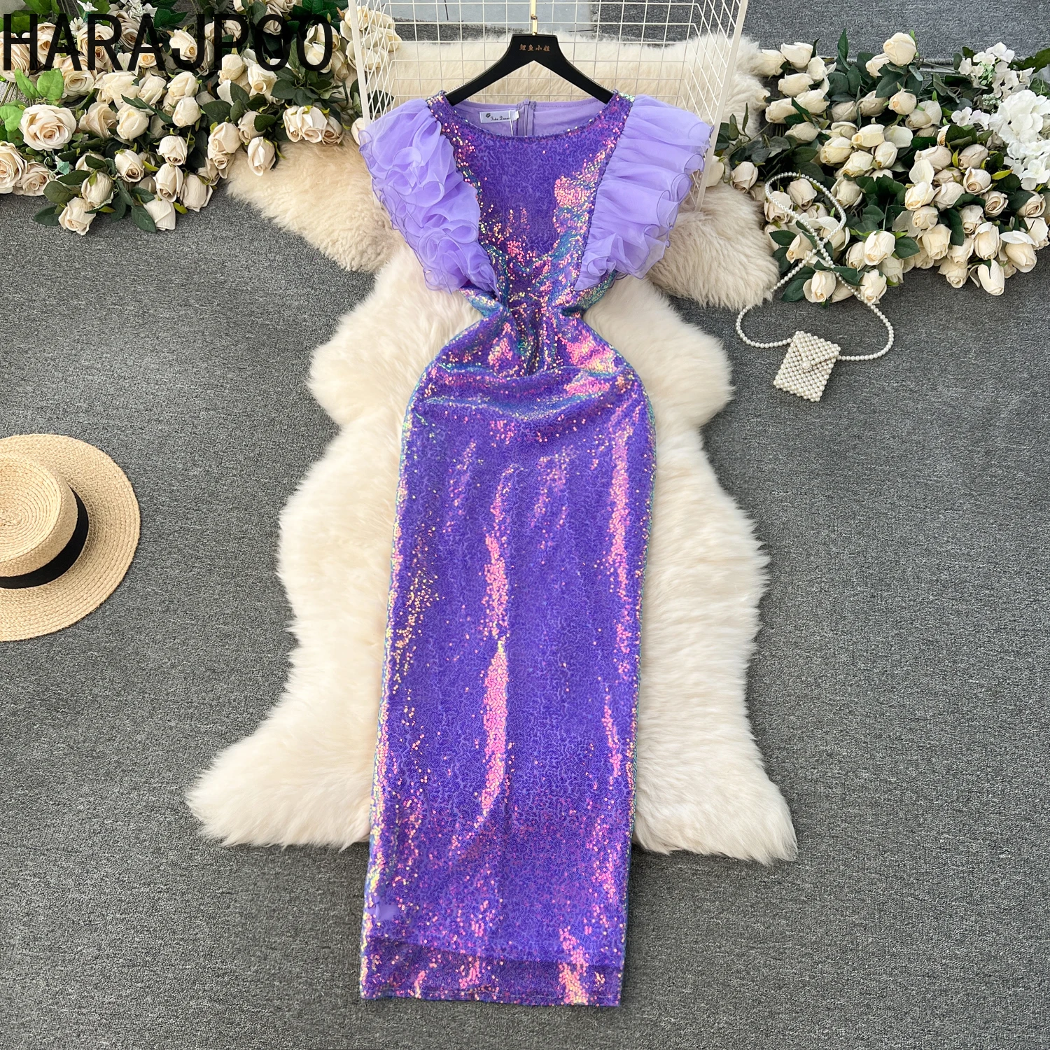 

Роскошное платье в стиле знаменитостей Harajpoo, роскошное облегающее длинное платье с оборками и рукавами-фонариками, блестками, одежда для индустрии