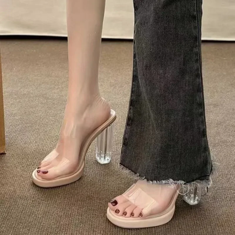 여성용 투명 샌들 하이힐, 여름 신상 거친 힐, 방수 플랫폼, 크리스탈 힐 슬리..