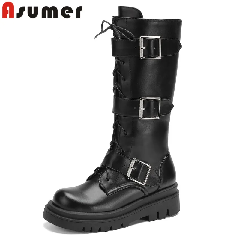 

ASUMER 2023 Size 35-43 New Microfiber Zipper Knee High Boots Buckle Narrow Band Winter Boots Square Med Heels Platform Shoes