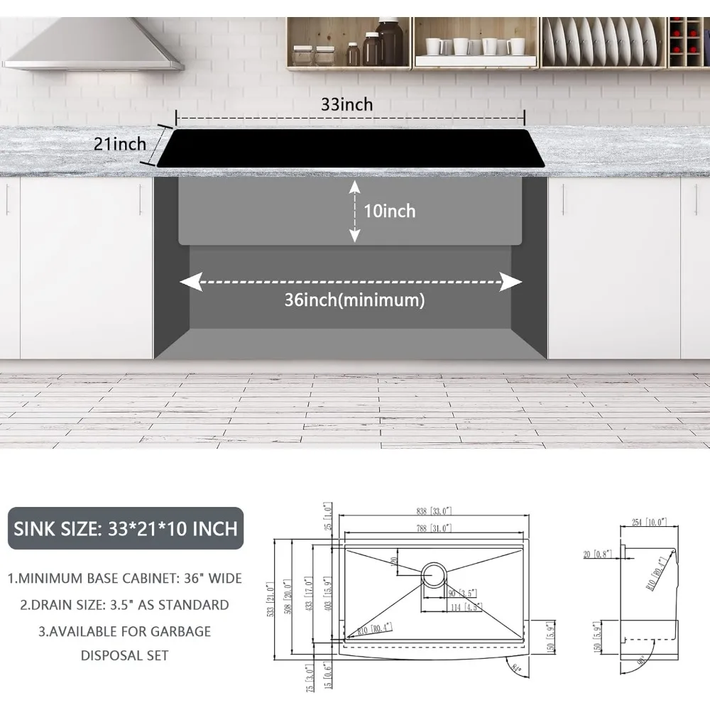 33 Inch Farmhouse Sink 16 Gauge Stainless Steel Workstation Ledge Deep Single Bowl Farm Sink with Accessories 3