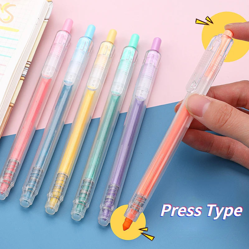 

6Pcs/set Press type Highlighter Pen Marker Pens Fluorescent Pen Writing Drawing Highlighters Cute Stationery School Supplies