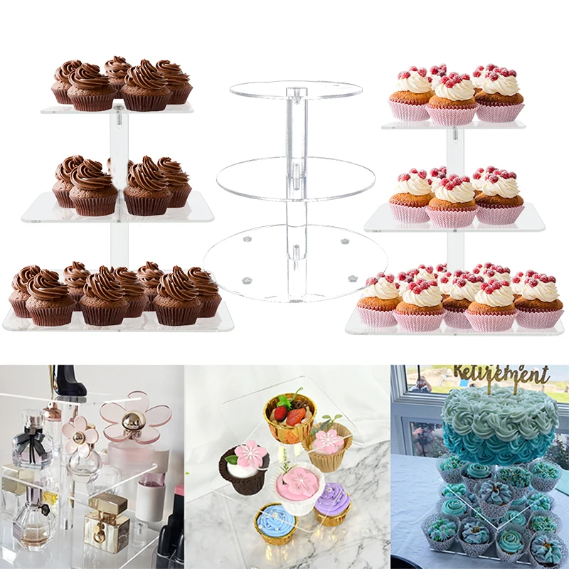 3Tier Square Transparent Acrylic Wedding Cake Stand Crystal Macaron Cupcake Display Holder Birthday Christmas Party Cake Decor