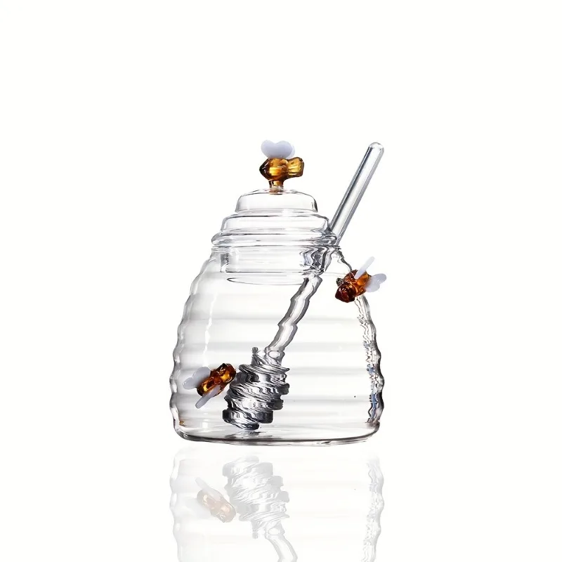 Glass Honey Storage Jar Clear Glass with Lid Stir Stick Creative Design Home Kitchen Container