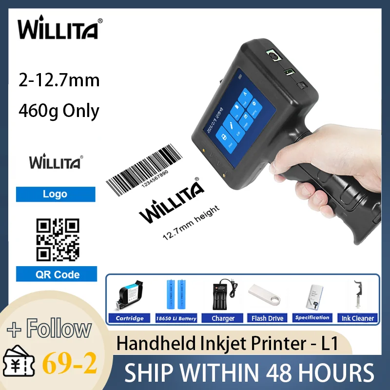 Willita 휴대용 핸드헬드 잉크젯 프린터, 배치 번호 바코드 QR 코드 로고, 섬유 핸드 프린터 라벨 코딩 기계, 12.7mm 