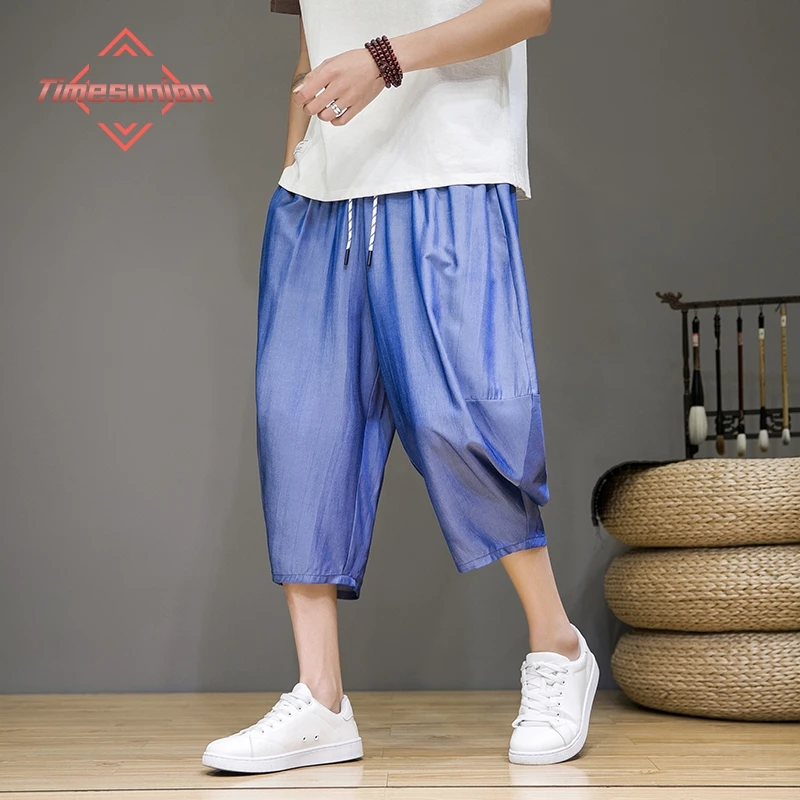 

Chinese Style Summer Trendy Brand Men Capri Pants Cool and Comfortable Shorts Ice Silk Harem Pants for Men Wide Leg Pants Women