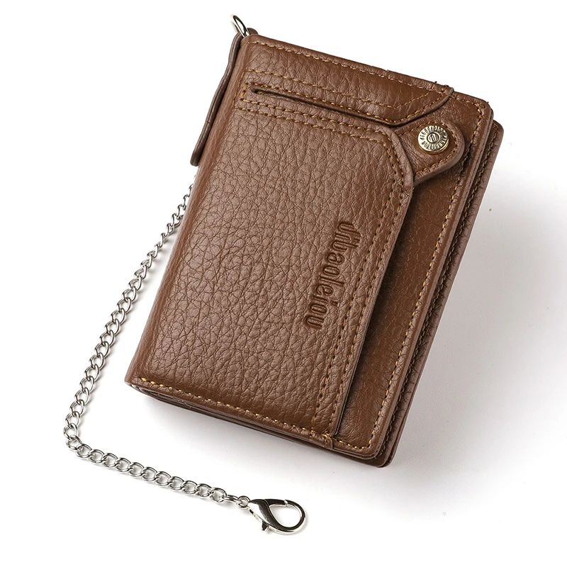 Men PU Leather Short Wallet With Chain Zipper Clutch Wallet Male Short Trifold Purse Card Holder Change Coin Purse 5