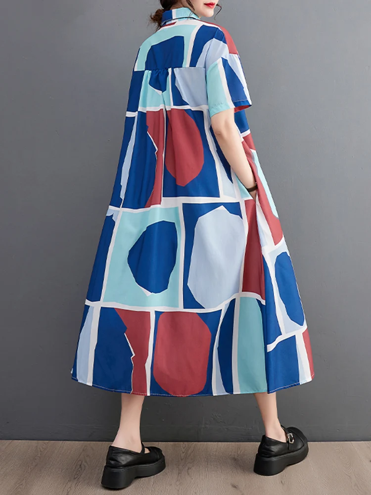 2025 Spring Summer New Vintage Print Shirt Dresses For Women Short Sleeve Loose Casual Midi Dress Robe Fashion Elegant Clothes