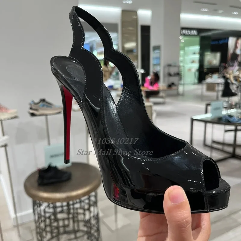 Women Super High Heel Shoe Patent Leather Peep Toe Shallow Mouth Stilettos Back Strap Slingback Sandals