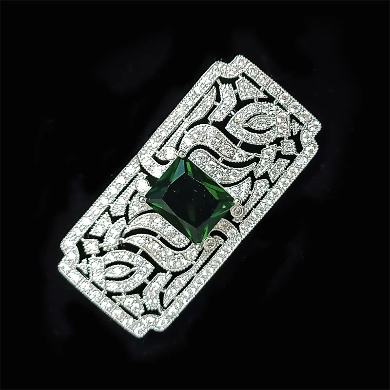 Retro Fashion Mini Rectangle Green Zircon Brooch Female Personality Temperament Geometric Bust Coat Versatile Accessories