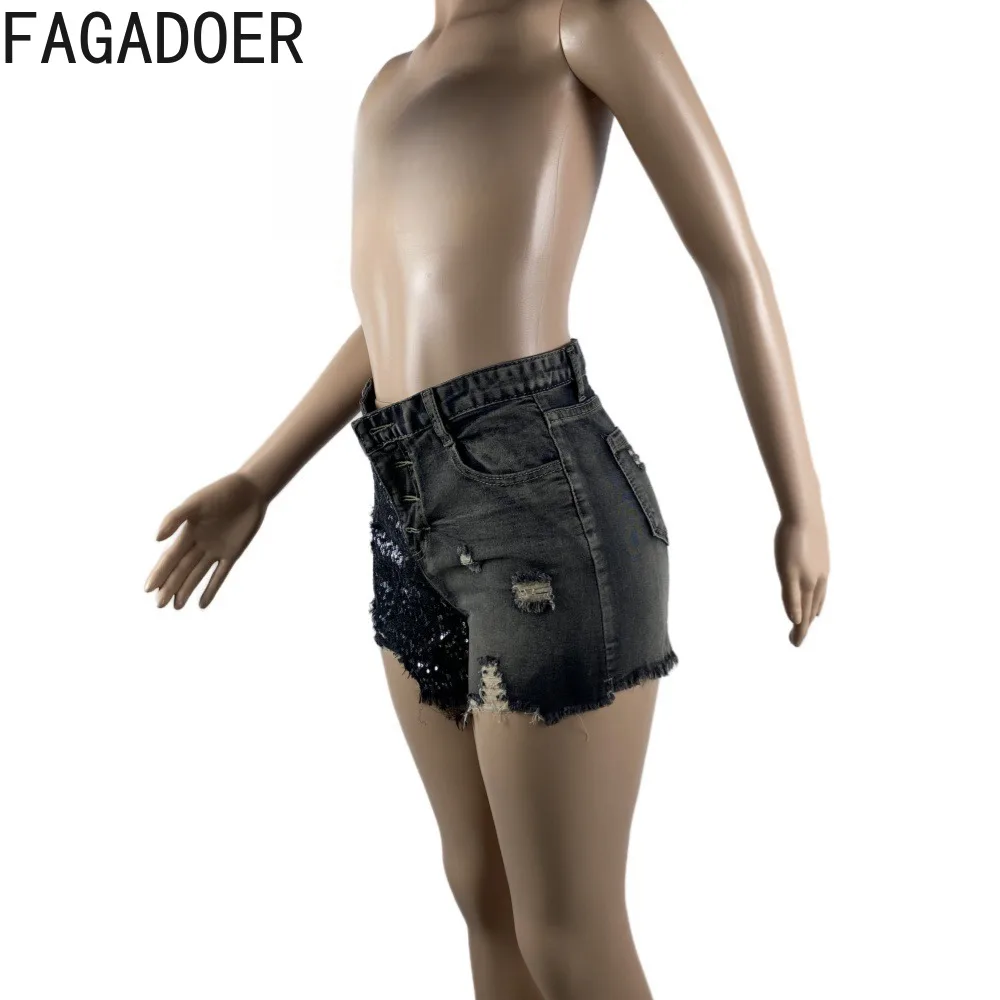 FAGADOER Fashion Y2K Hot Girl Streetwear Women High Waisted Button Sequin Splicing Denim Shorts Female Elastic Cowboy Bottoms