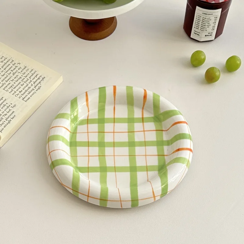 Ceramic Arts Ins Wind Sand Pull Plate Girl Heart Color Lattice Dim Sum Breakfast Dessert Plate Western Food Fruit