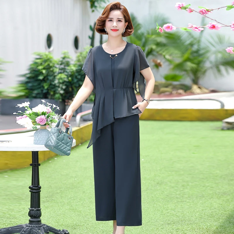 

Short Sleeve + Wide Leg Pants Suits Female Summer 2 Piece Sets Womens Outfits Fashion Casual Chiffon Clothing
