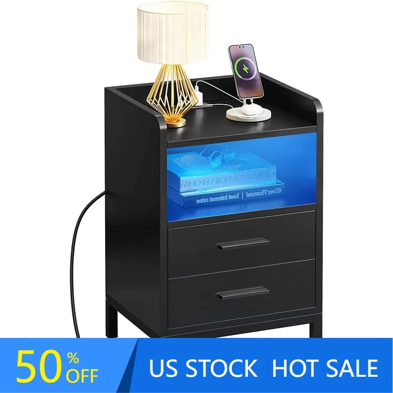 

Black Night Stand with LED Lights and Charging Station, End Bedside Table with 2 Drawers