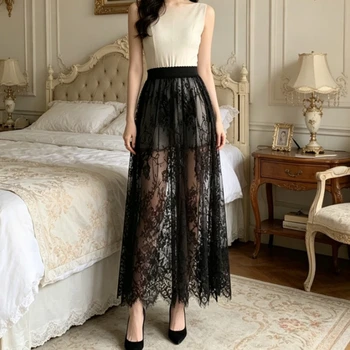 Y2K Black Lace Maxi Skirt for Women Spring Summer Sexy High Waist Flare Long Skirt Solid Evening Party Beach Elegant Dress 1